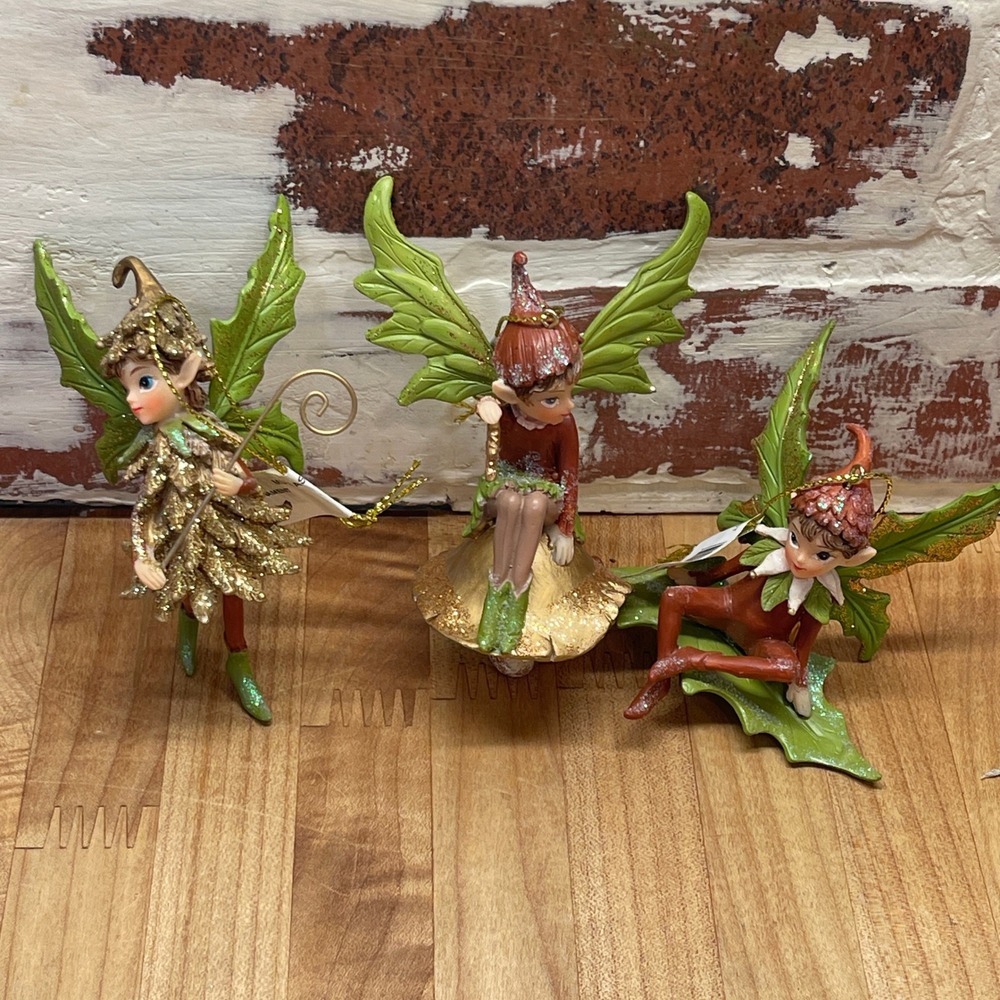 Set of 3 Woodland Fairy Christmas Ornaments Green Gold Glitter Mushroom Pixie